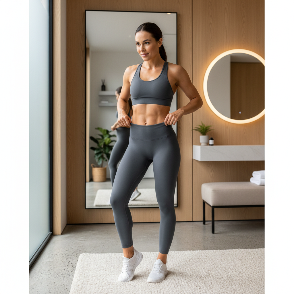 Woman trying on sports bra and leggings checking fit in a bright fitting room