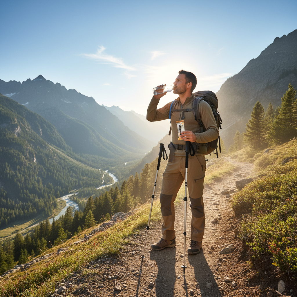 Hiker using trekking poles and eating a snack during a break