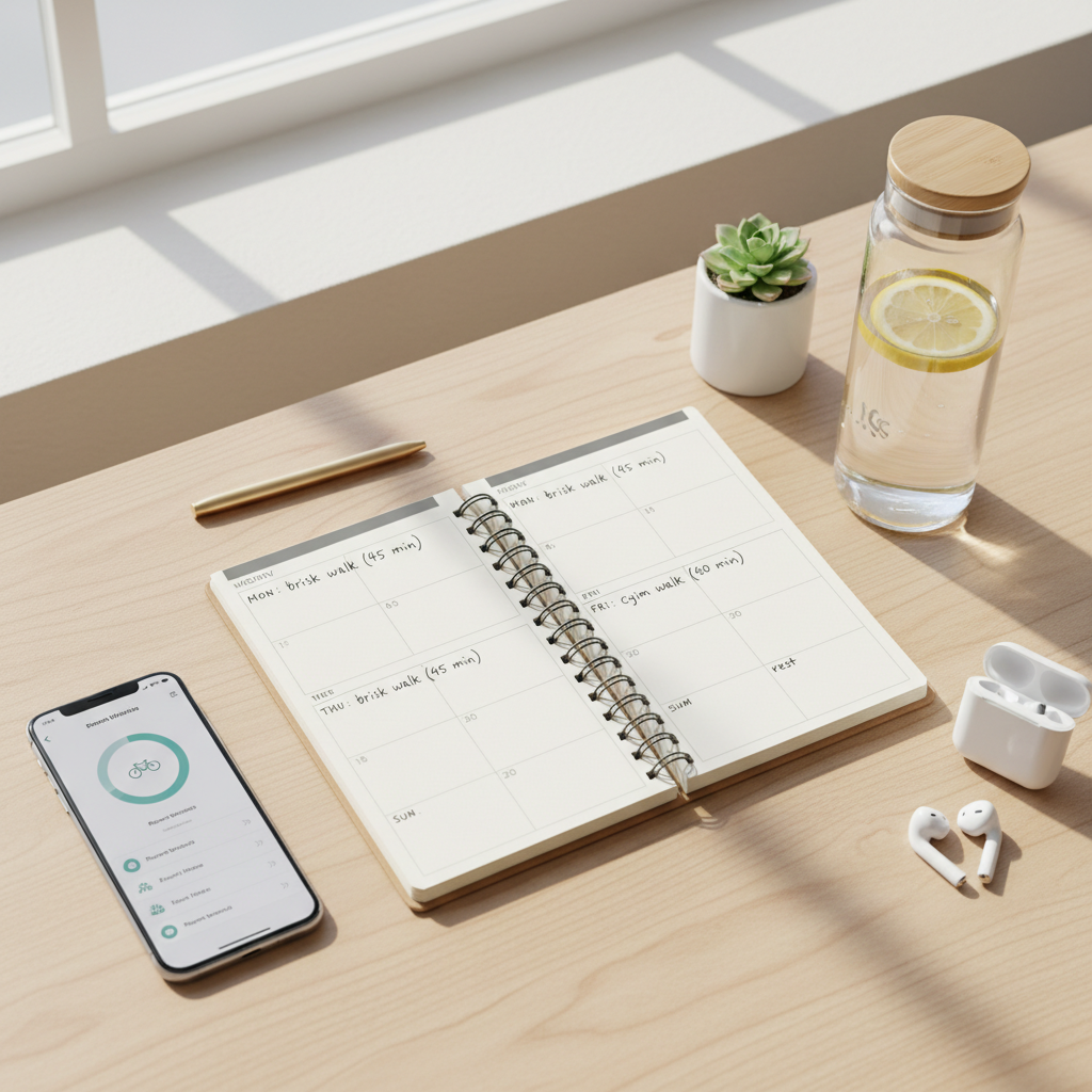 Aerobic exercise weekly plan on a calendar with walking and cycling workouts