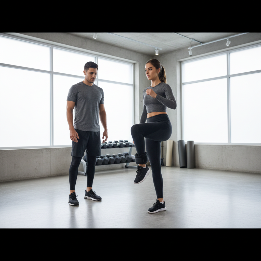 Trainer demonstrating safe ankle weight exercises with proper knee and hip alignment