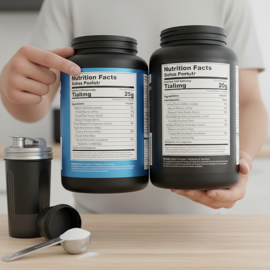 Comparing protein powder labels for protein per serving and ingredients