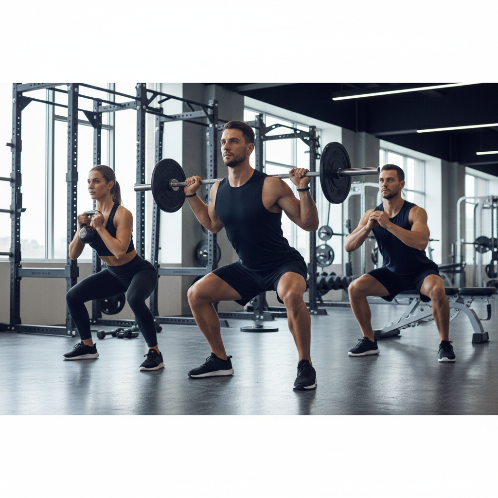 Different squat variations demonstrated for legs and glutes in a gym