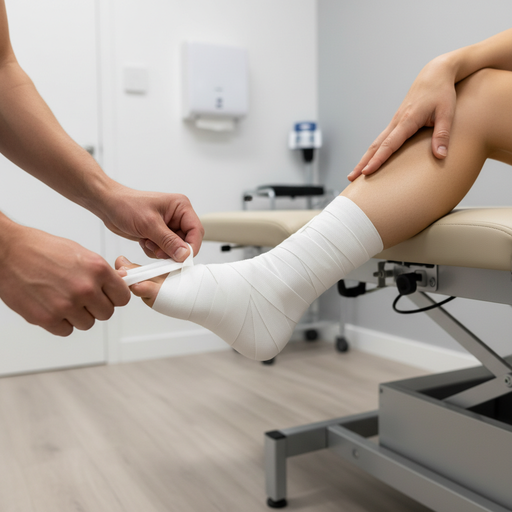 Trainer demonstrating proper sports tape tension on an athlete