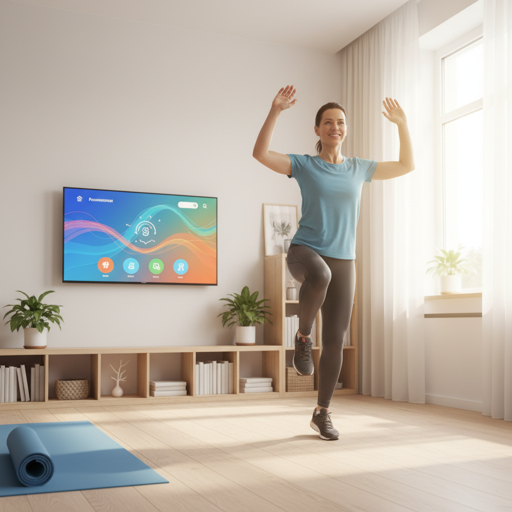 At-home dance fitness workout setup in a living room