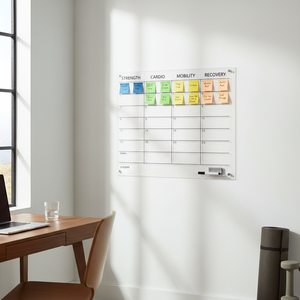 Weekly workout plan board with strength cardio and recovery days