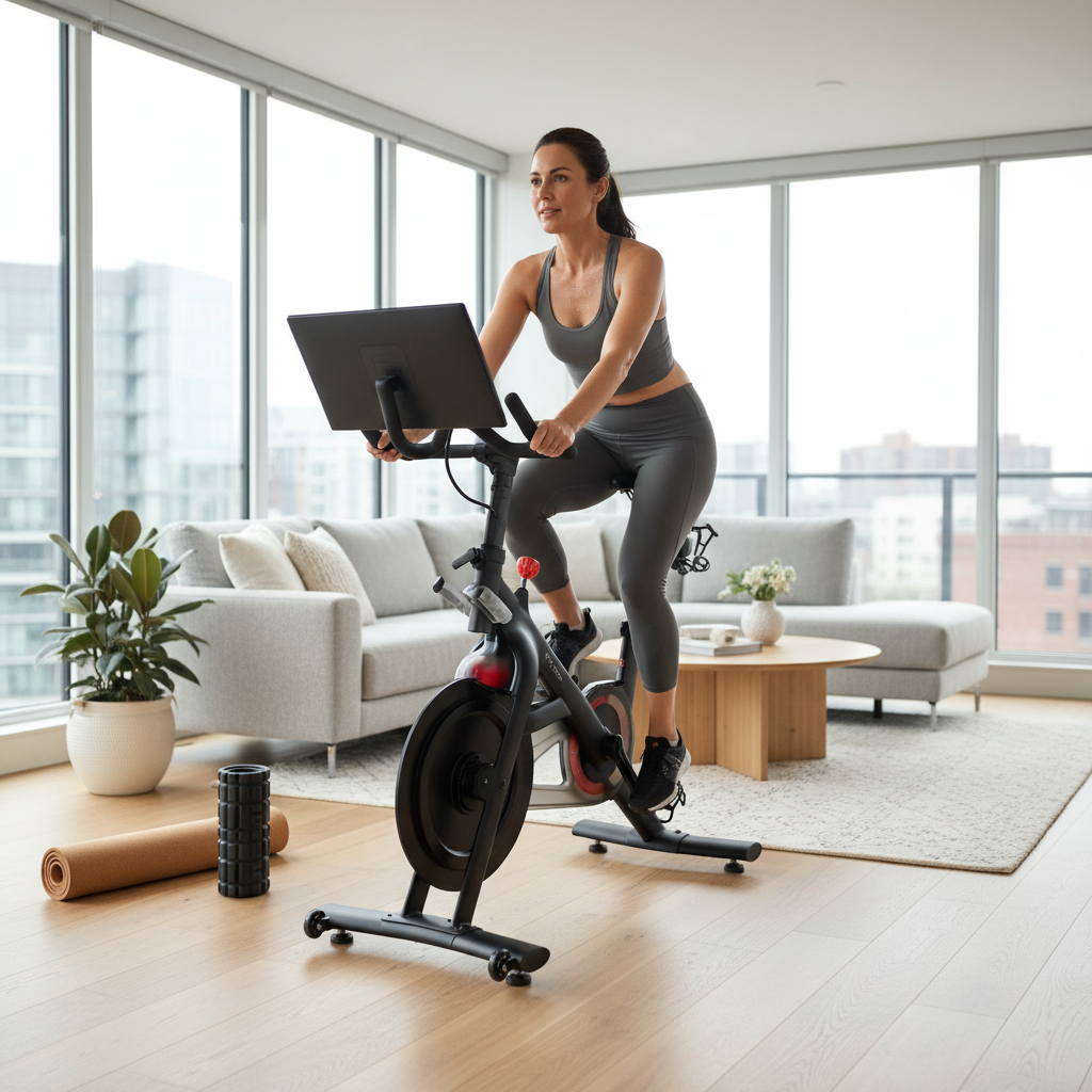 Low-impact active lifestyle option with indoor cycling and light stretching at home