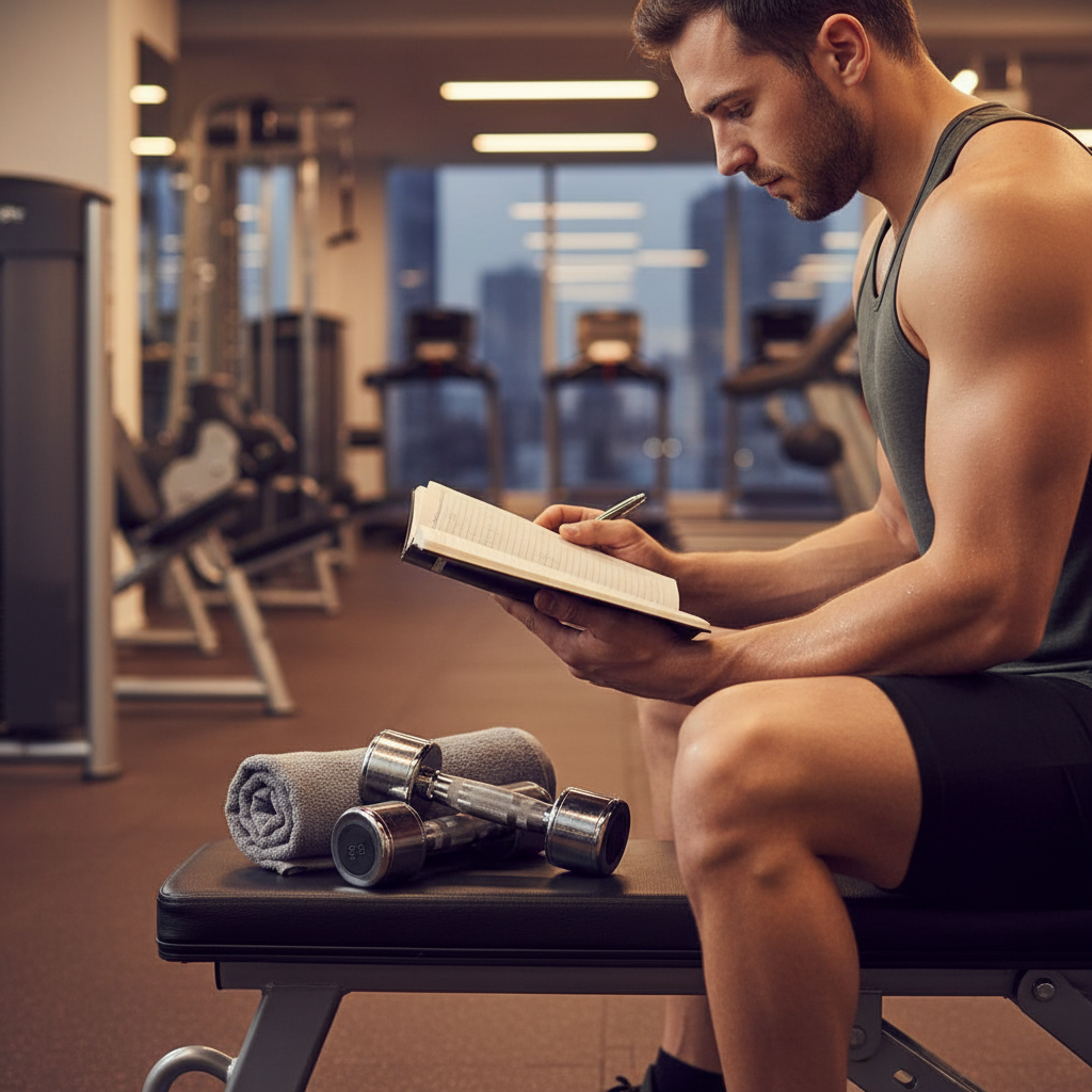 Person reviewing fitness journal after workout with dumbbells nearby