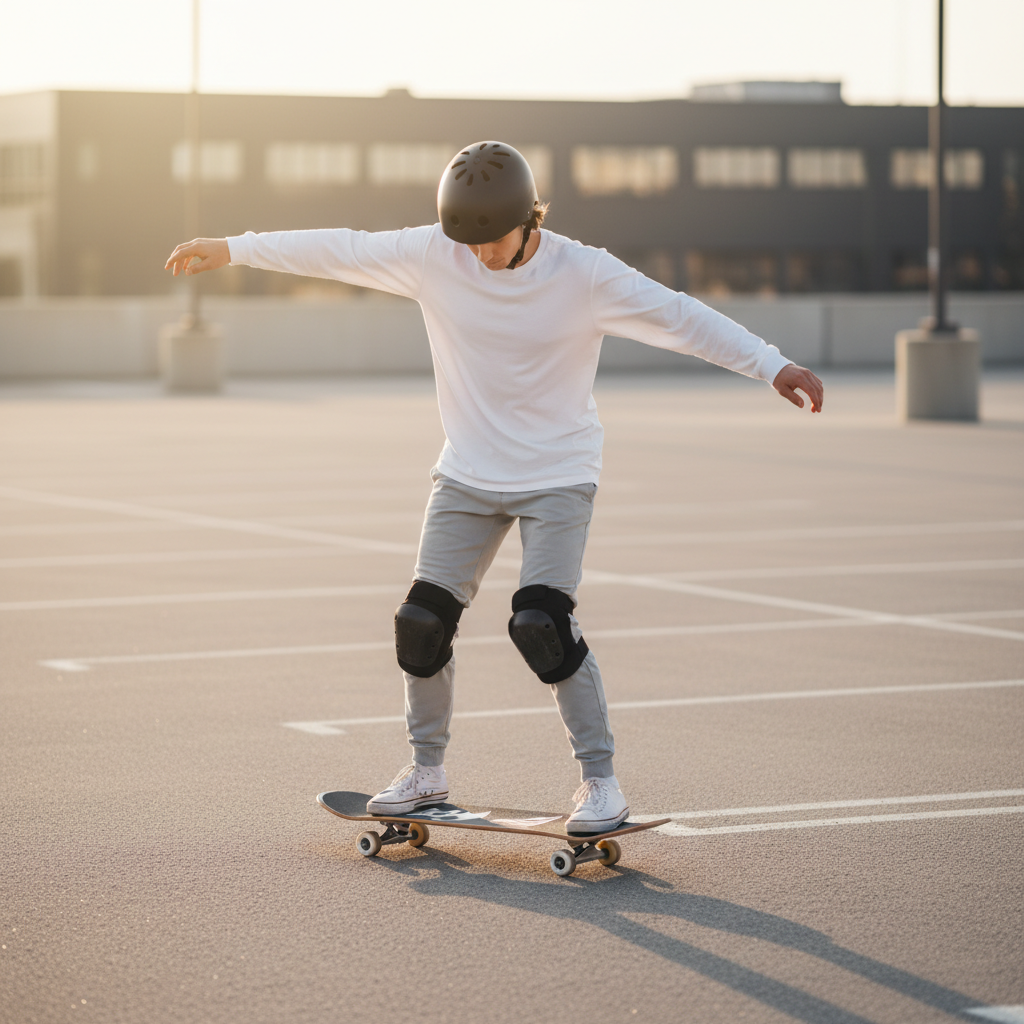 Beginner skateboarder practicing balance and stance on smooth pavement