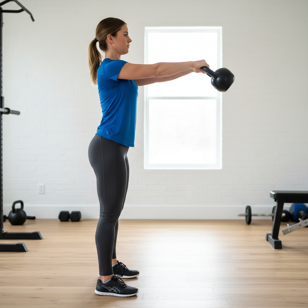 Kettlebell swing form in a home workout with neutral spine and hip hinge
