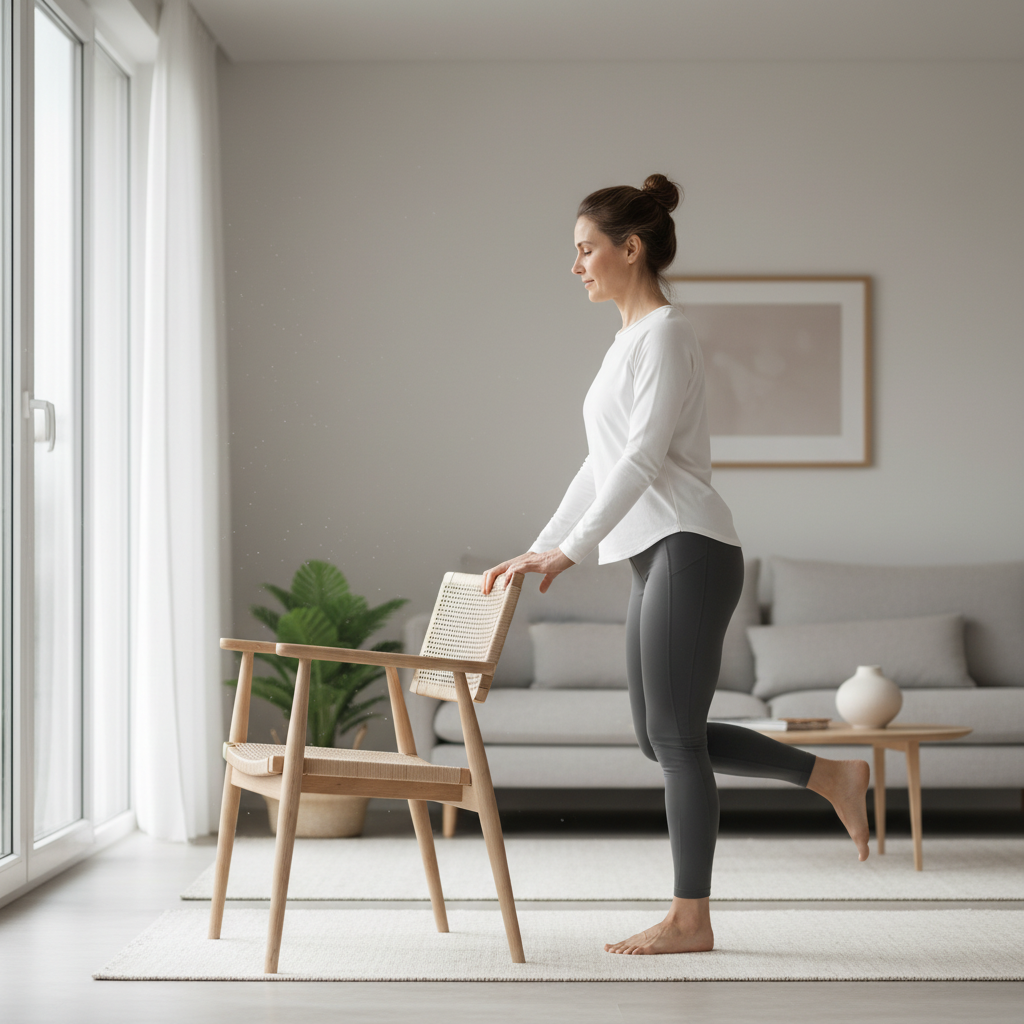Person practicing balance exercises at home near a chair for safety