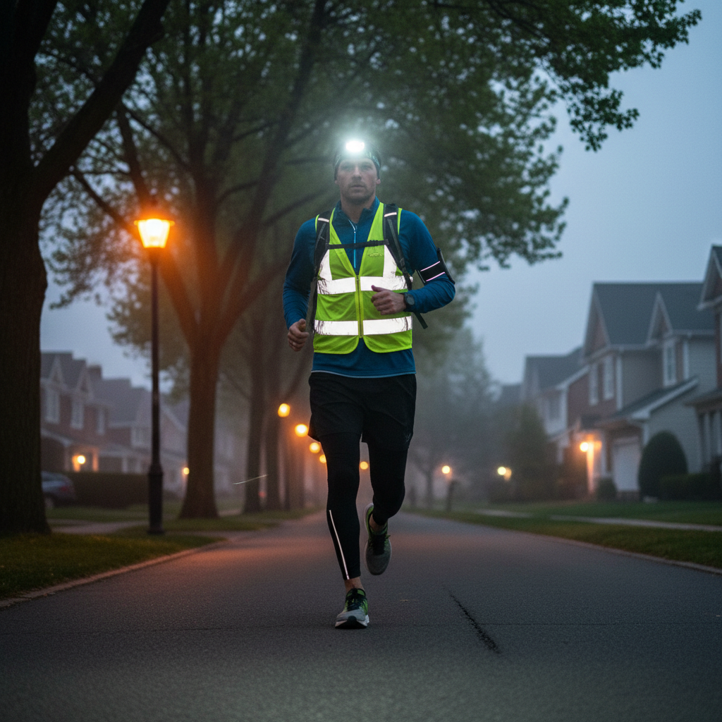 Runner wearing reflective vest and headlamp for night outdoor running safety
