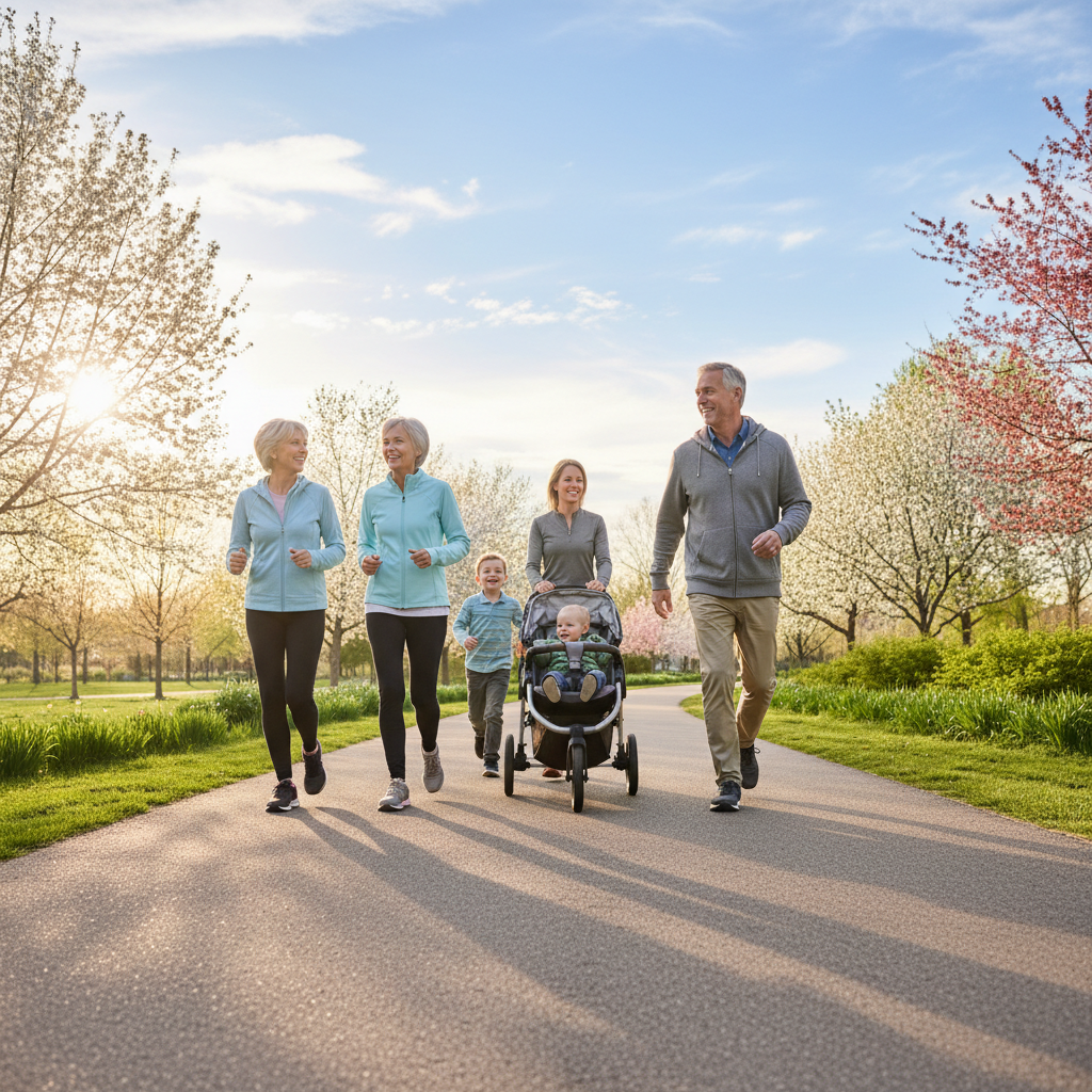 Family doing outdoor cardio walk in a neighborhood park