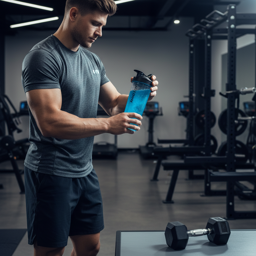 Gym trainee mixing a BCAA drink during a workout for recovery support