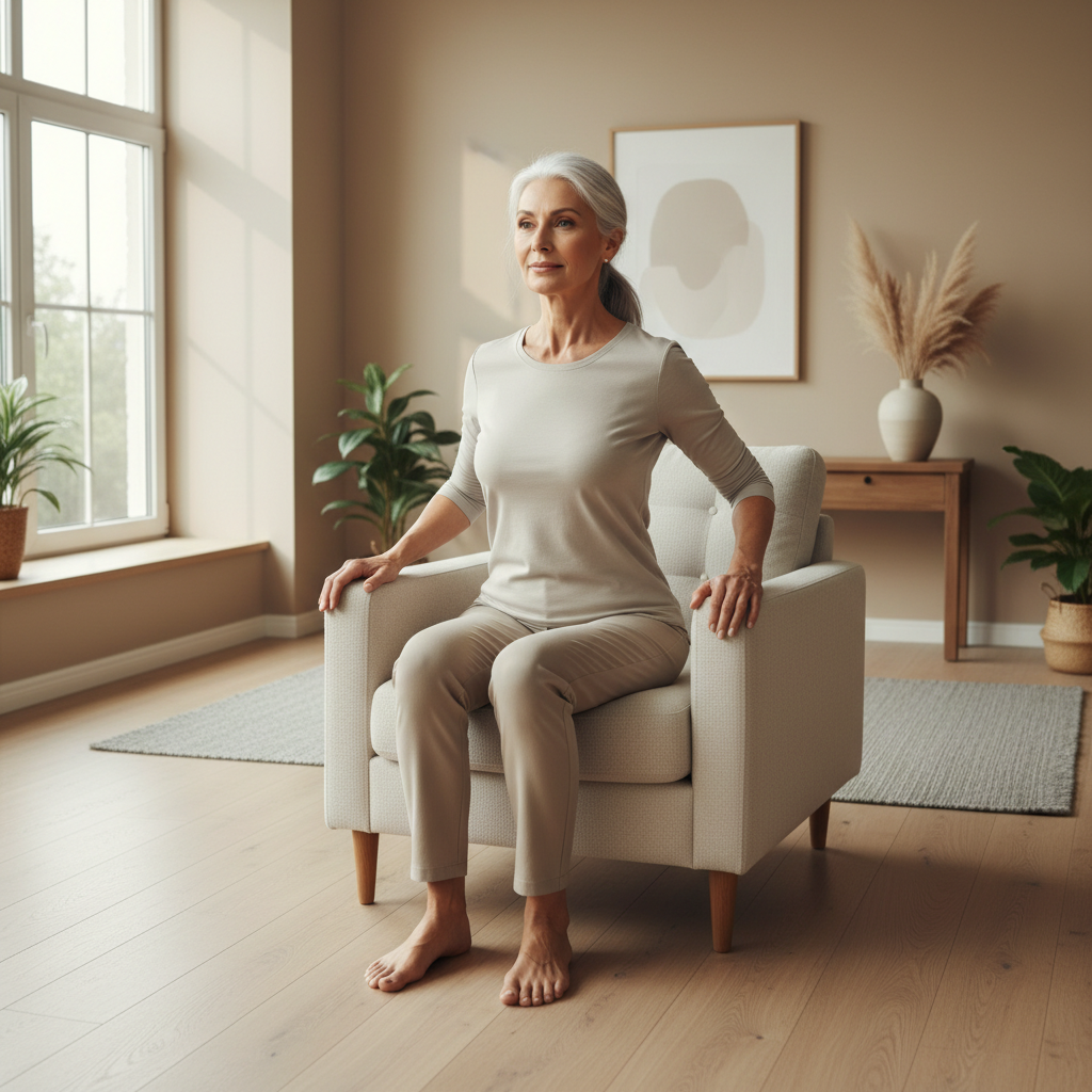 Senior doing sit-to-stand exercise from a chair with good posture
