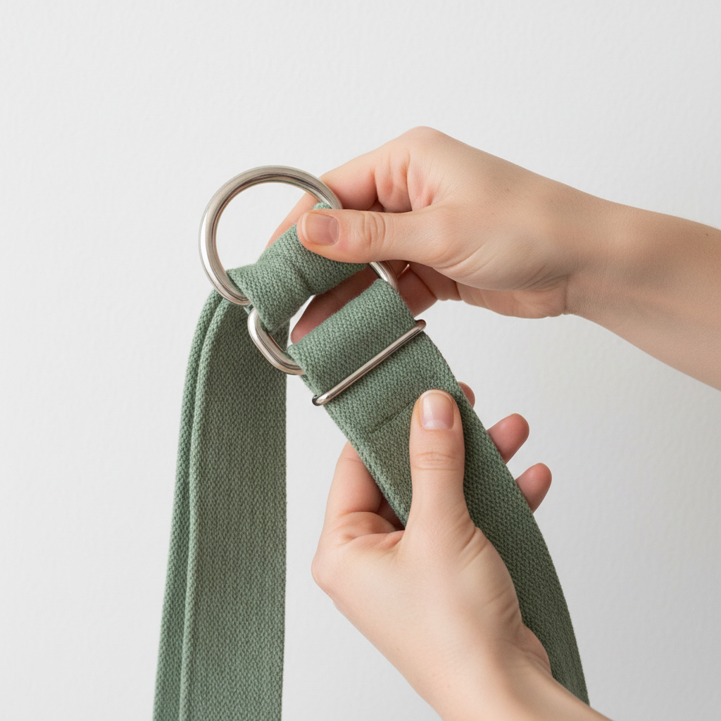 Close-up of hands adjusting a yoga strap D-ring buckle securely