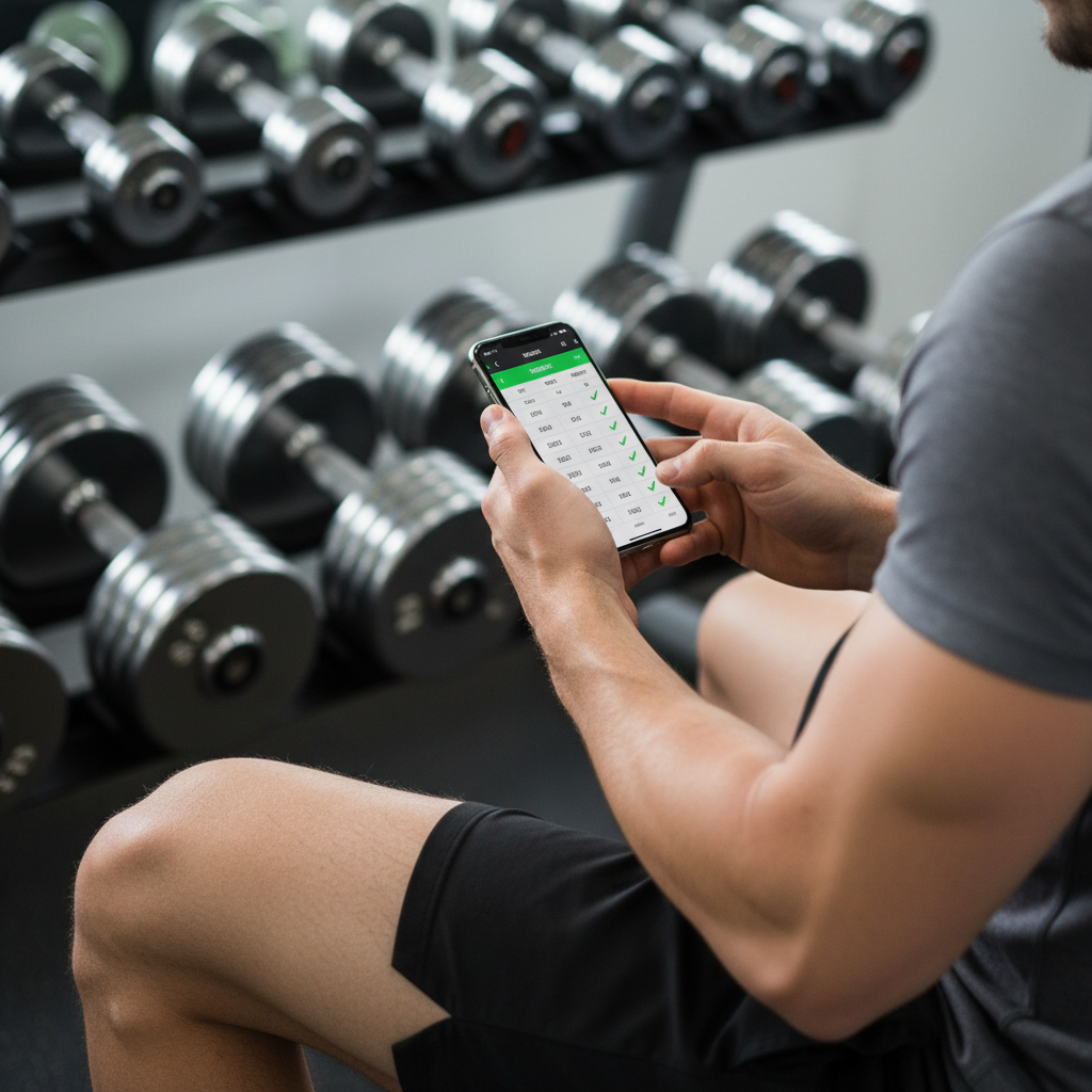 Person tracking weights and reps for a gym workout routine in an app