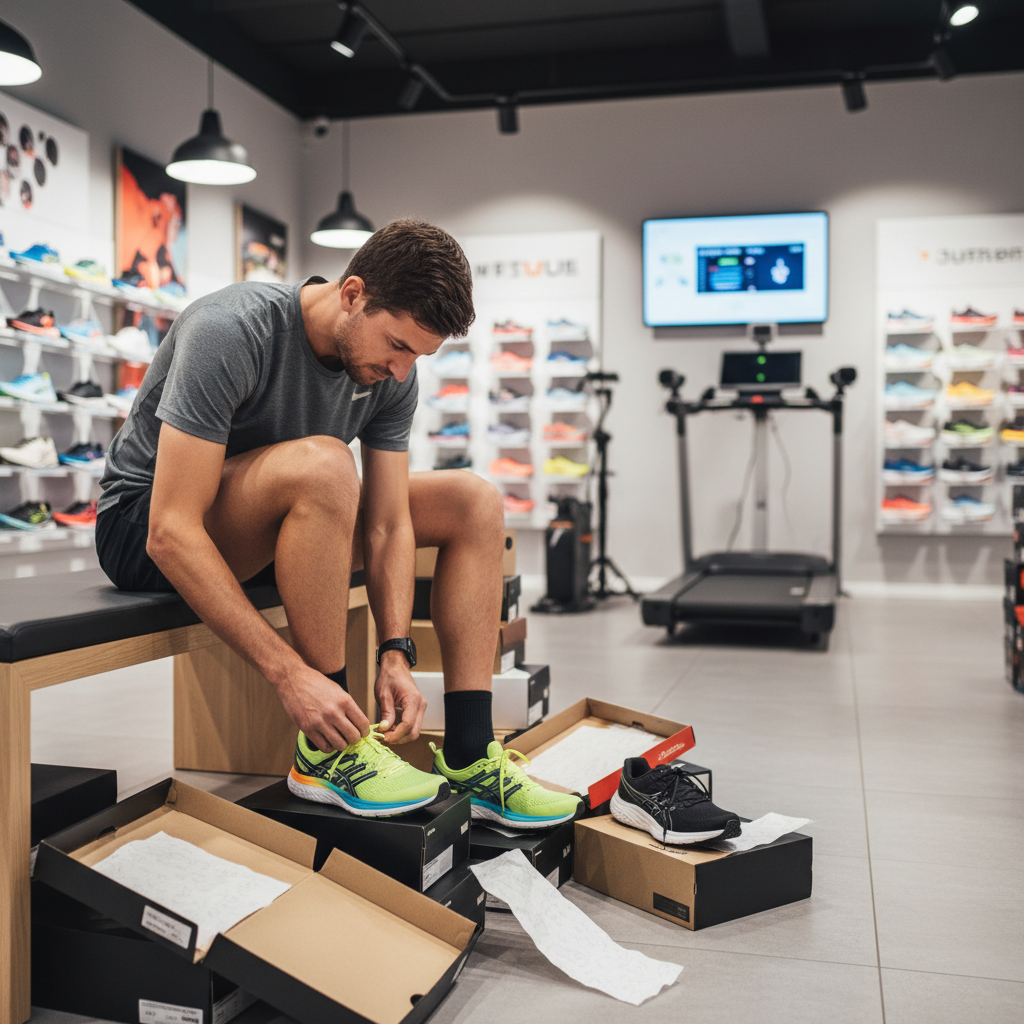Man trying on running shoes in a specialty running store fitting area