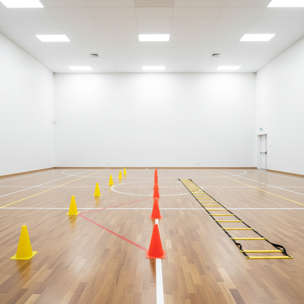 Agility training setup with cones and ladder on indoor court