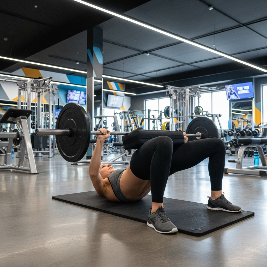 Barbell glute bridge with hip pad in a gym for strength training