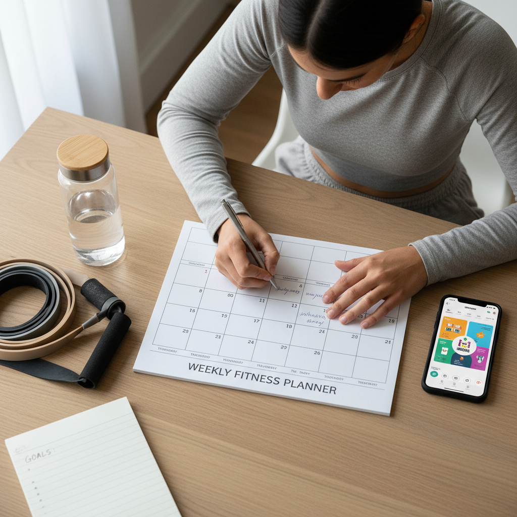 Beginner-friendly weight loss fitness routine planning with calendar and workout notes