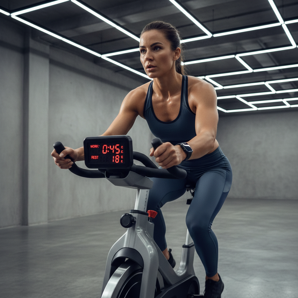 Interval cardio training session with timer, bike, and heart rate monitor
