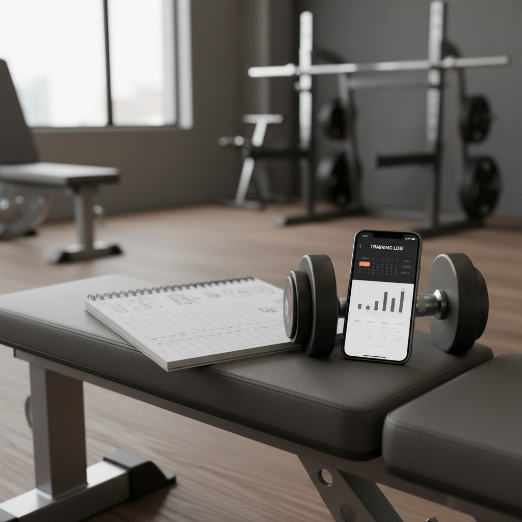 Training log notebook and smartphone app tracking workout sets and reps