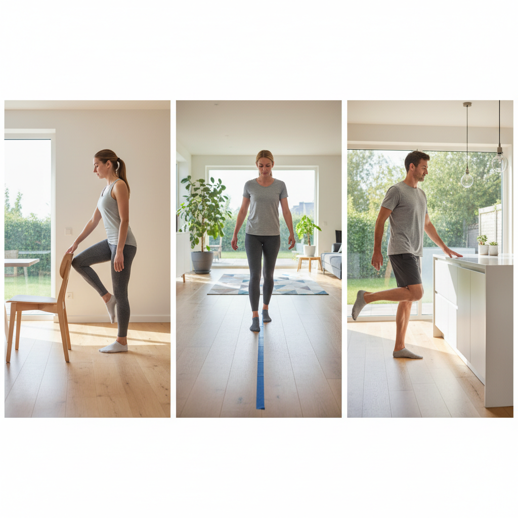 Home balance training exercise examples: single-leg stand, heel-to-toe walk, and chair support