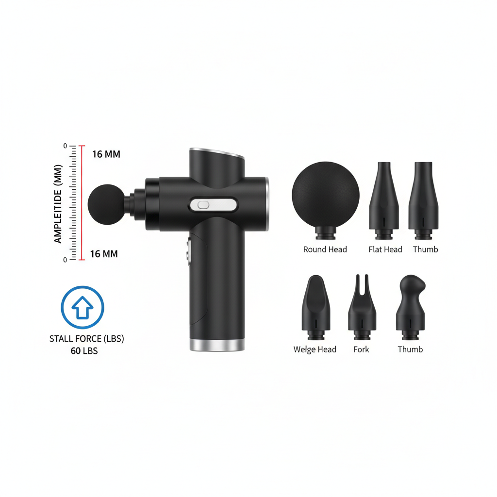 Massage gun feature comparison showing amplitude stall force and attachments