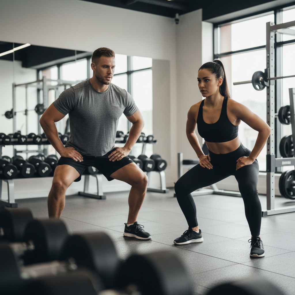 Coach demonstrating squat warm-up and bracing cues before leg training