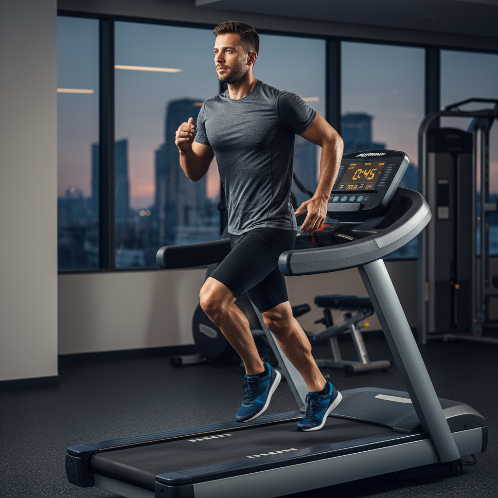 Advanced runner doing treadmill intervals with focused form and controlled breathing