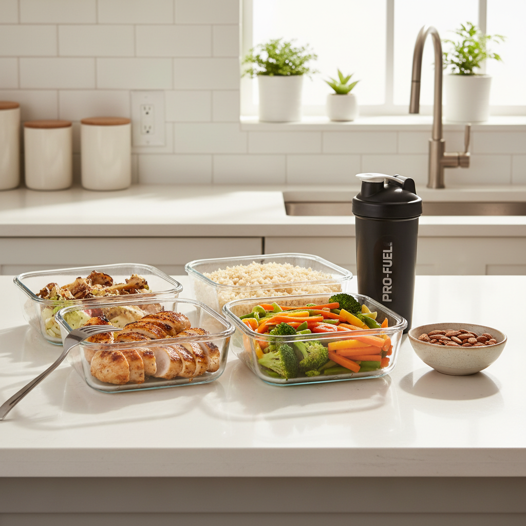 High-protein meal prep with chicken, rice, vegetables, and a shaker bottle