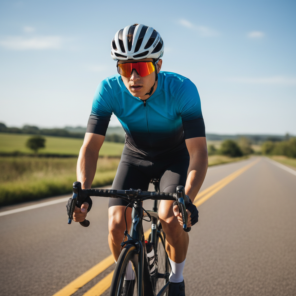Cyclist wearing wraparound sport sunglasses on sunny road ride
