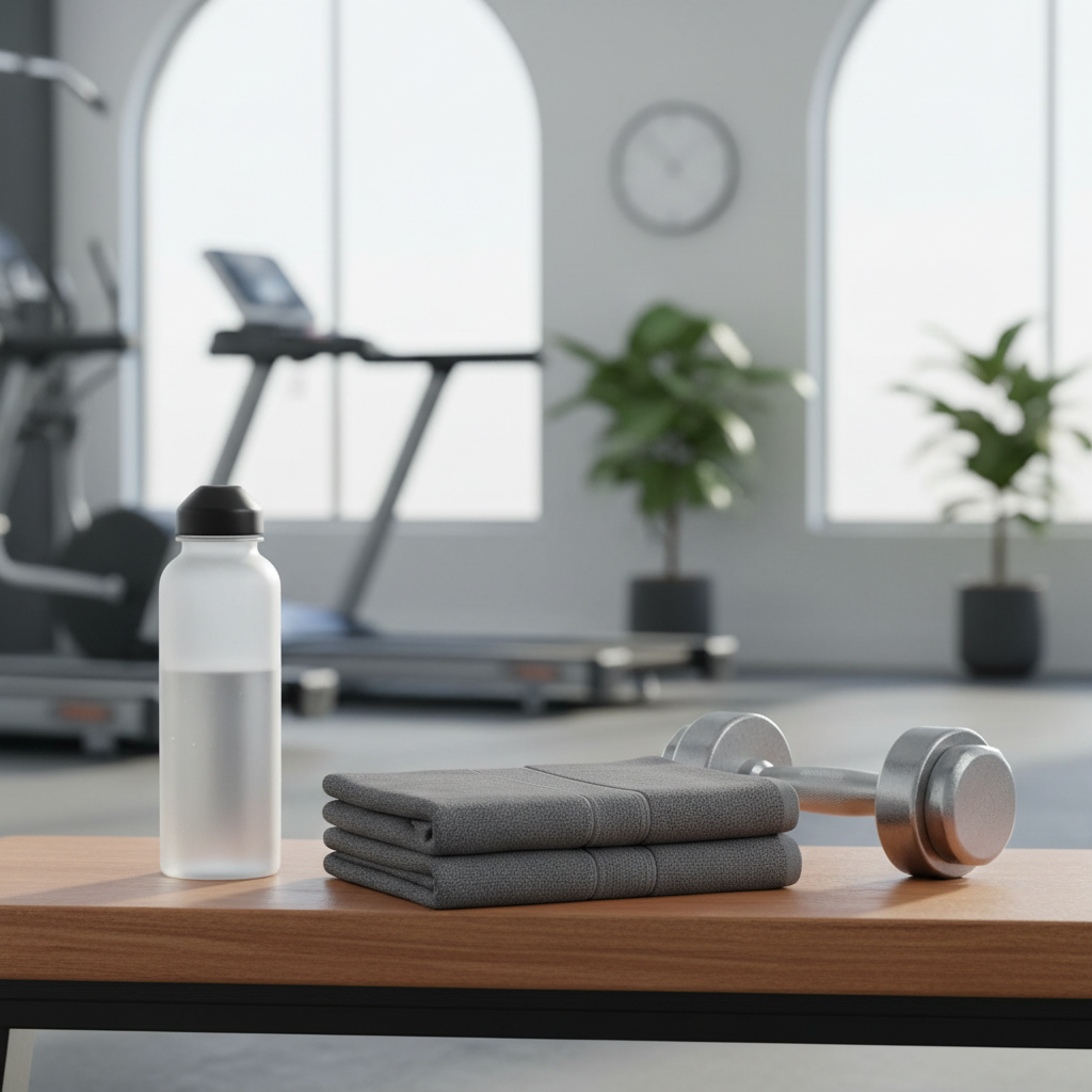Gym towel folded on a bench with water bottle, showing clean sections for rotation