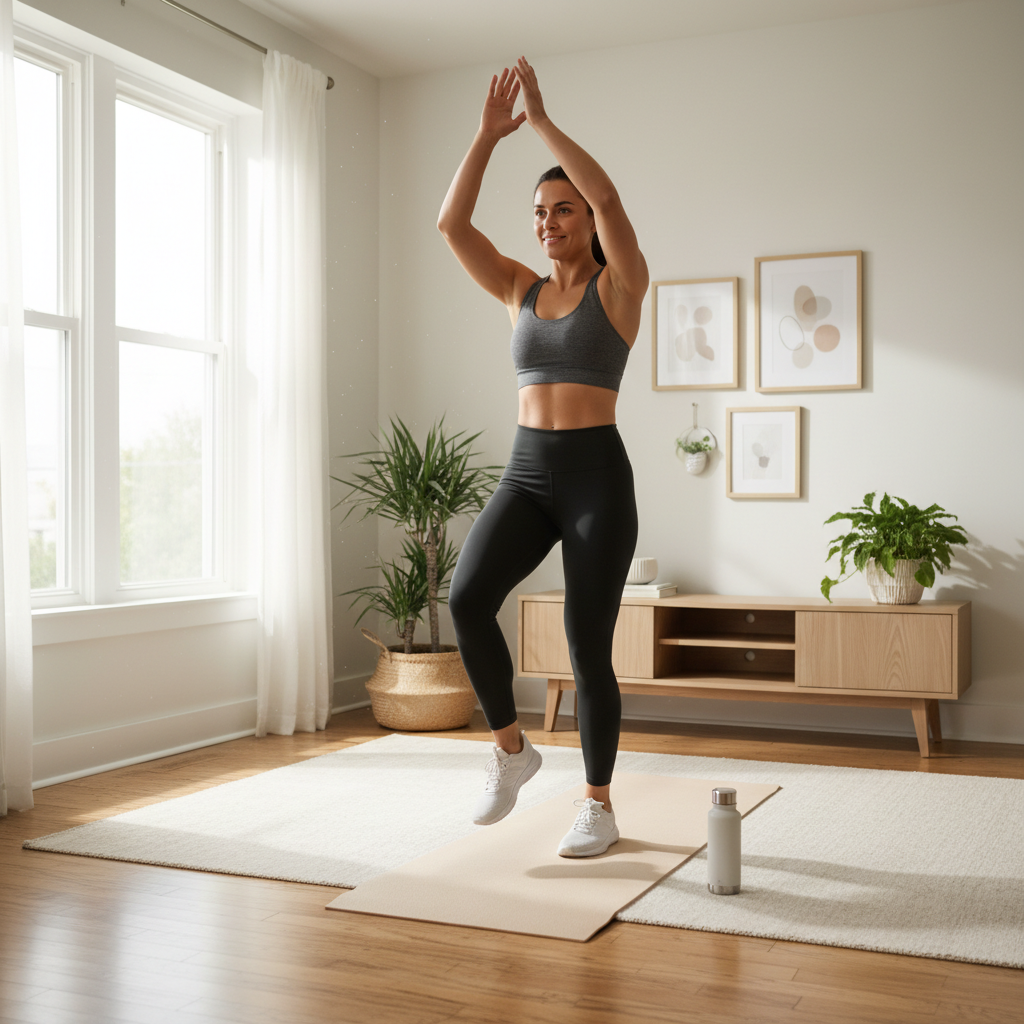 Beginner-friendly cardio workout at home in a small living room