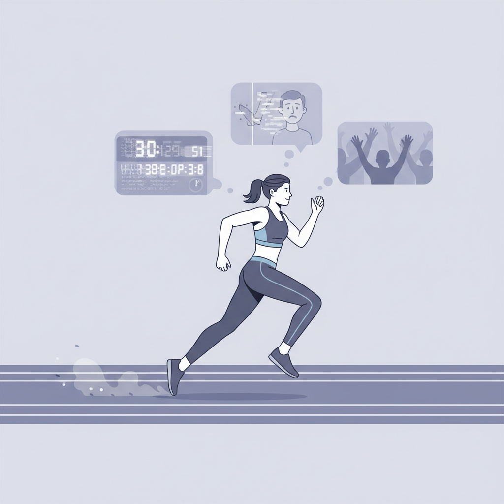 Athlete experiencing performance pressure with distracting thoughts visualized