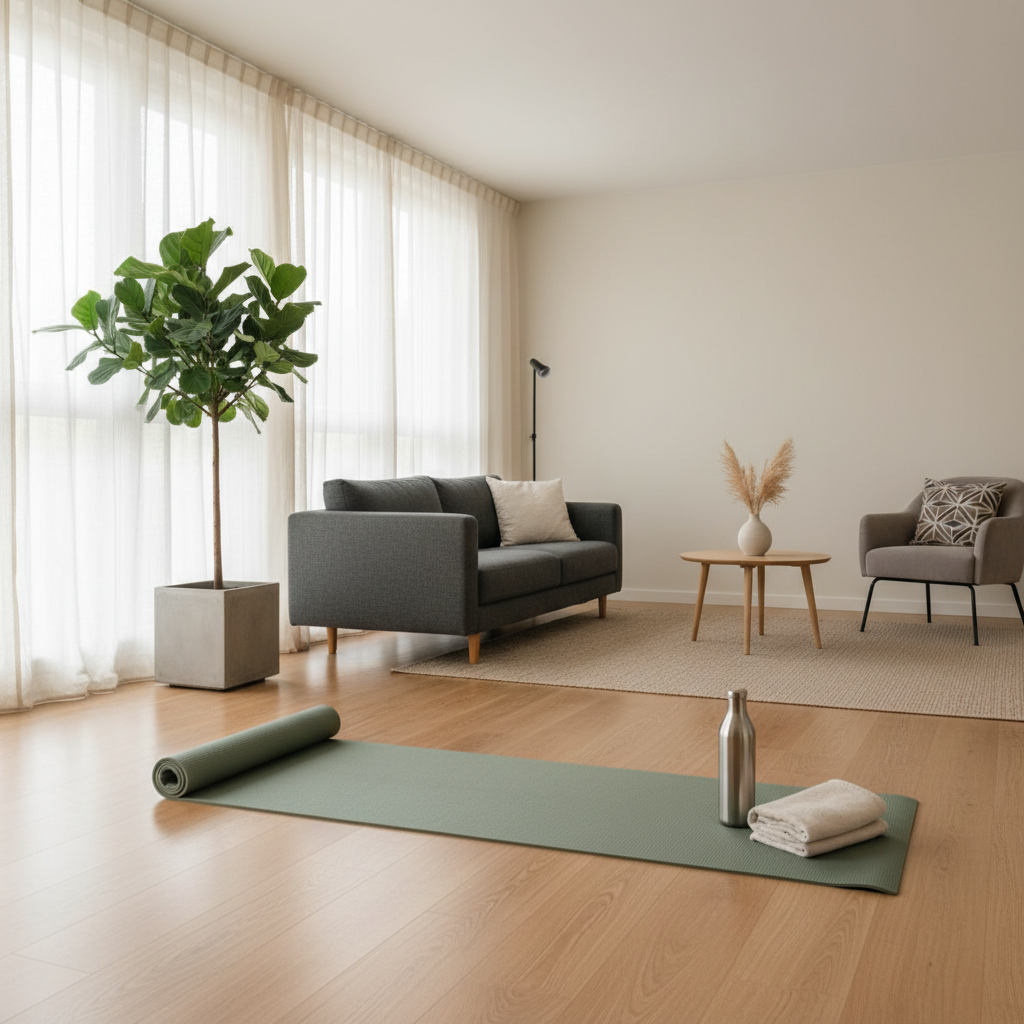 No equipment home workout setup in a living room with exercise mat