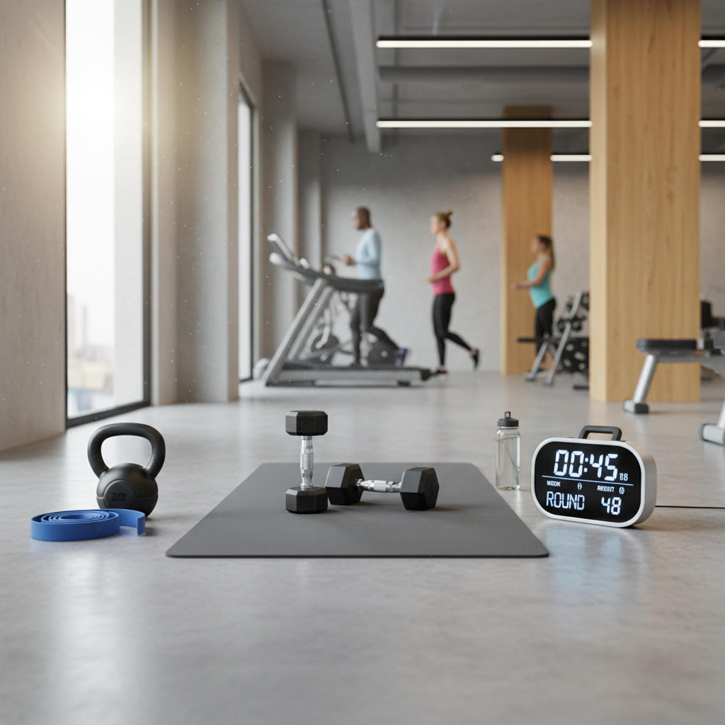 Full-body circuit training setup with dumbbells, mat, and timer