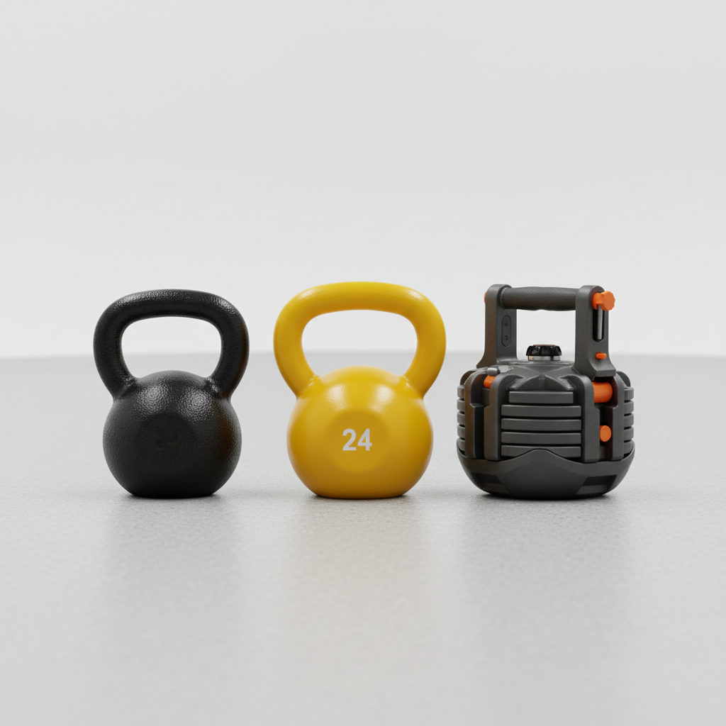 Comparison of cast iron, competition, and adjustable kettlebells for home workouts