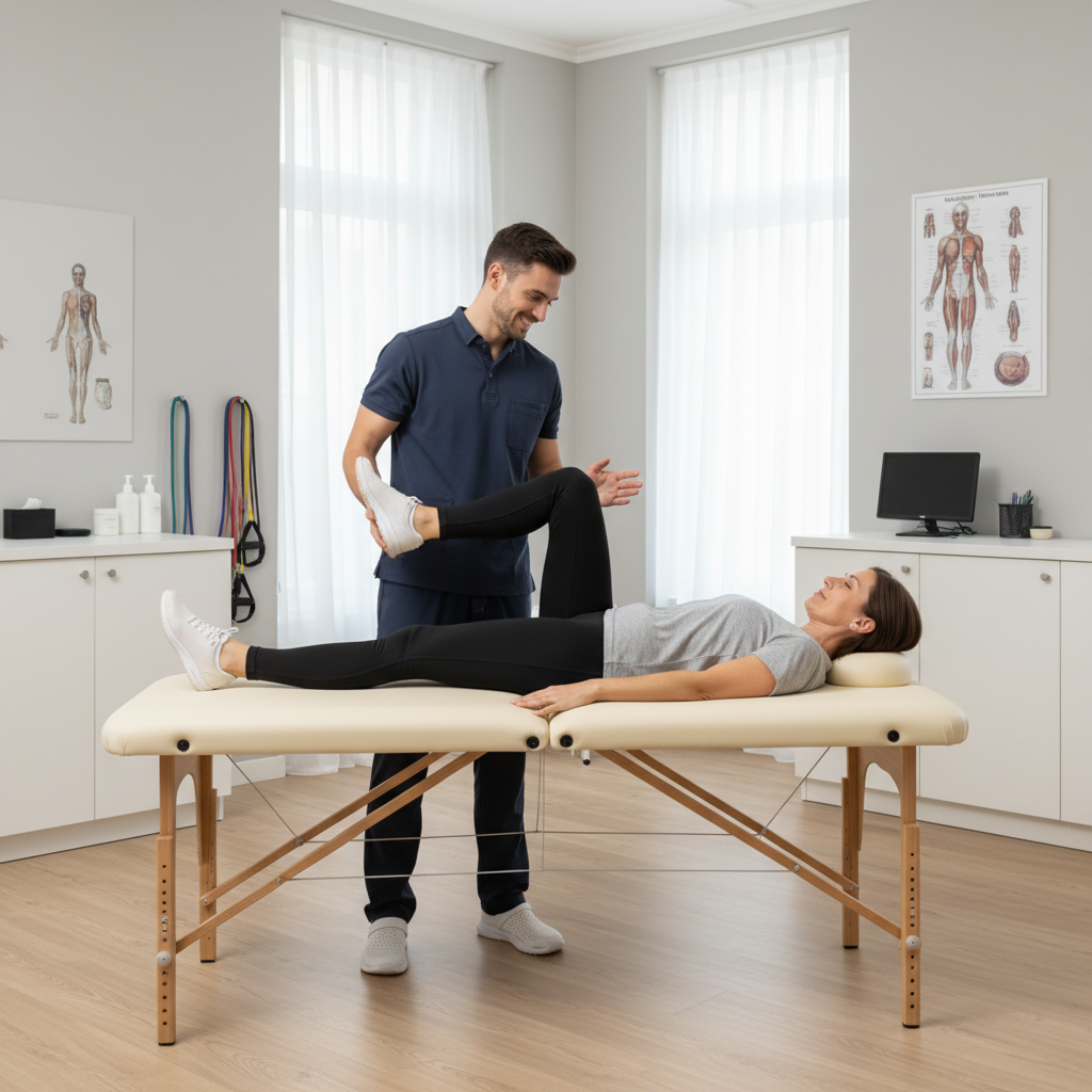 Physical therapist guiding gentle hamstring rehabilitation exercises