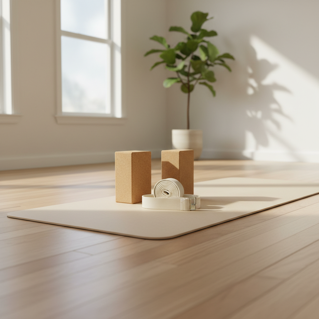 Beginner yoga setup with blocks and strap on a mat