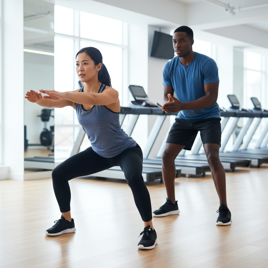 Coach demonstrating proper jump landing posture in a gym