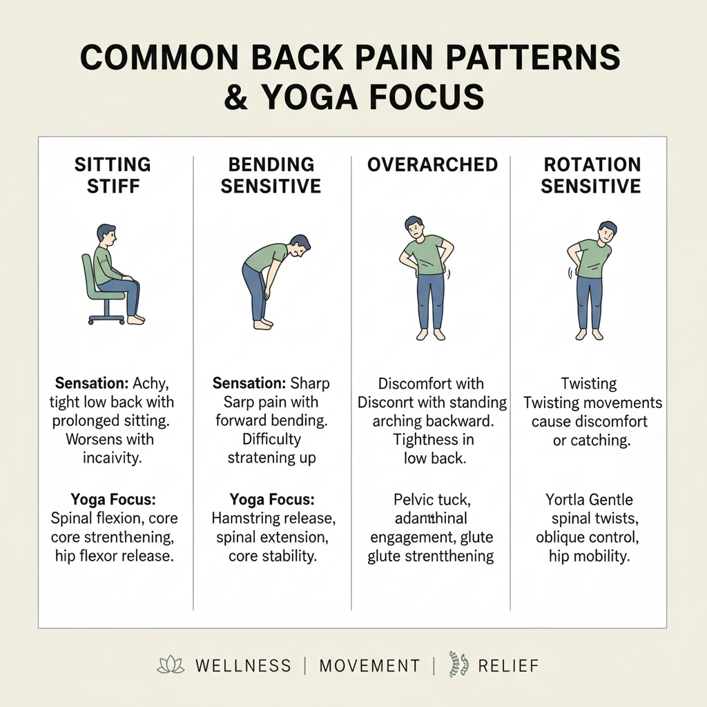 Simple chart explaining different back pain patterns and yoga modifications