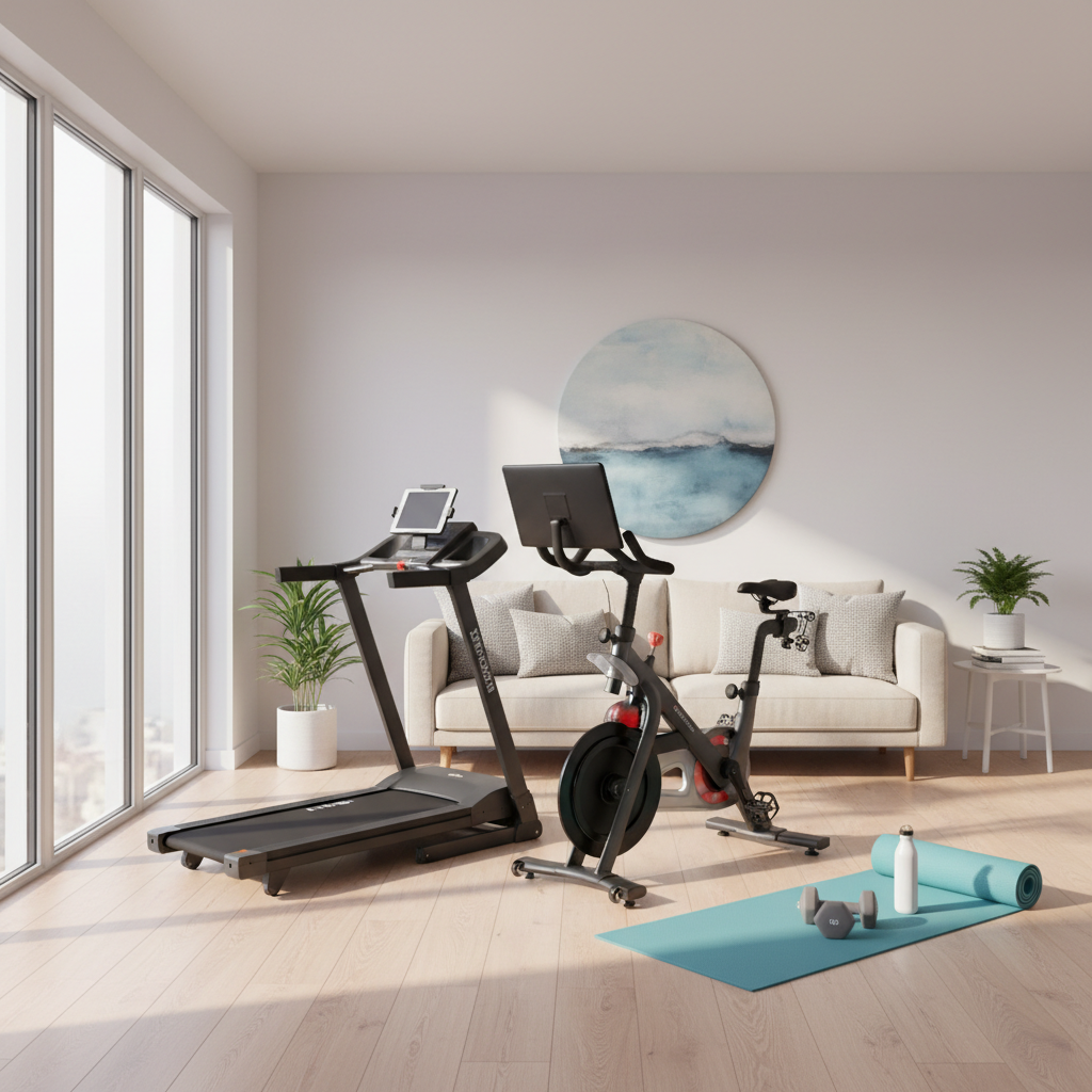 Home cardio setup with treadmill, bike, and dumbbells in a bright living room