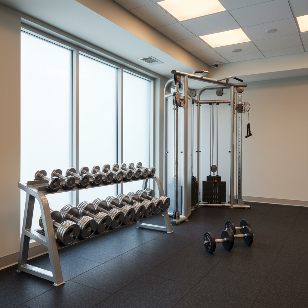 Gym setup for traps workout with dumbbells and cable machine