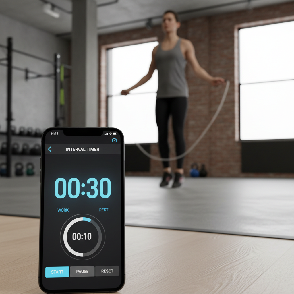 Jump rope interval workout timer on a phone with athlete jumping in background