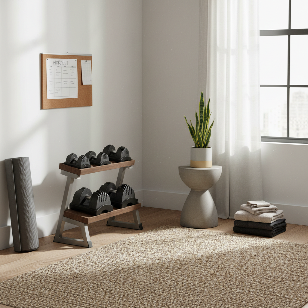 Home dumbbell set in a small apartment workout corner