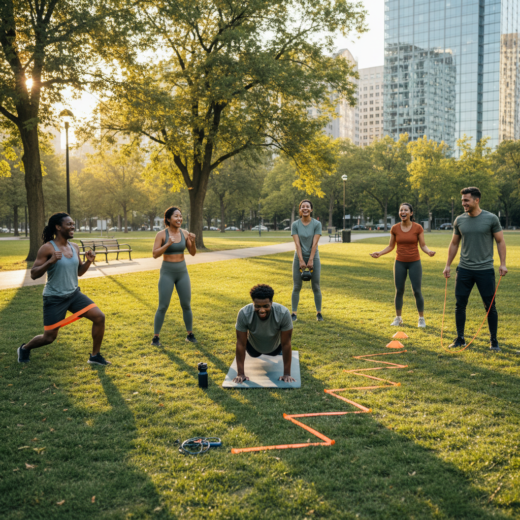 Friends doing a fun outdoor workout in a city park