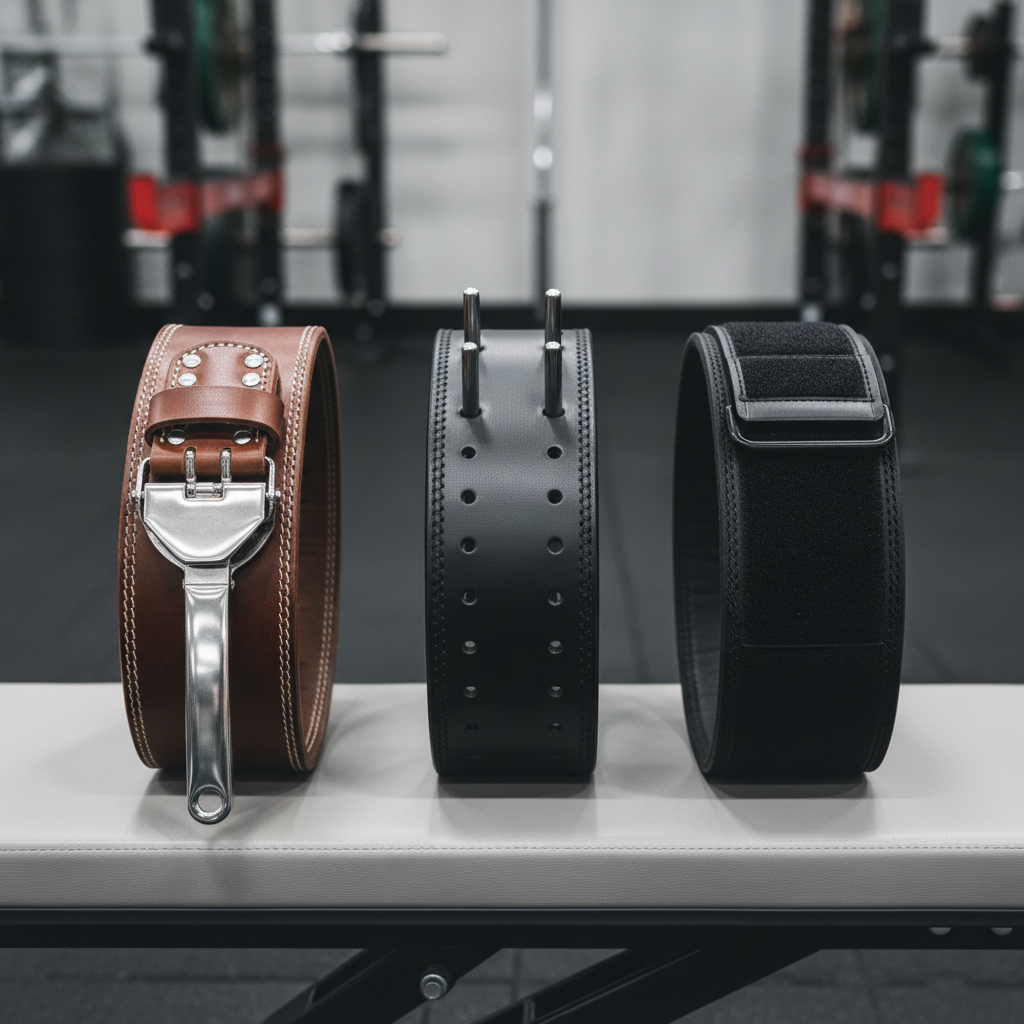 Different weight lifting belt types: lever, prong, and nylon velcro