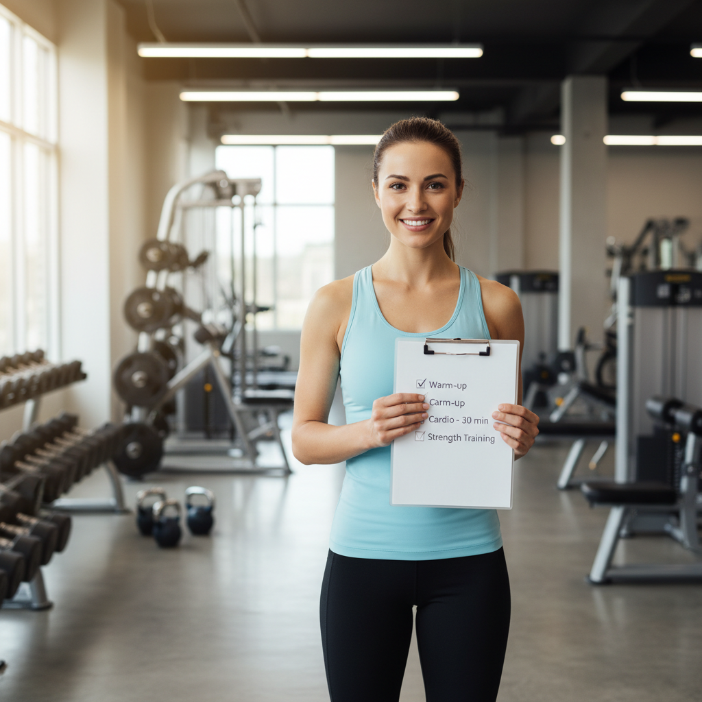 Beginner following a gym training plan with a simple workout checklist