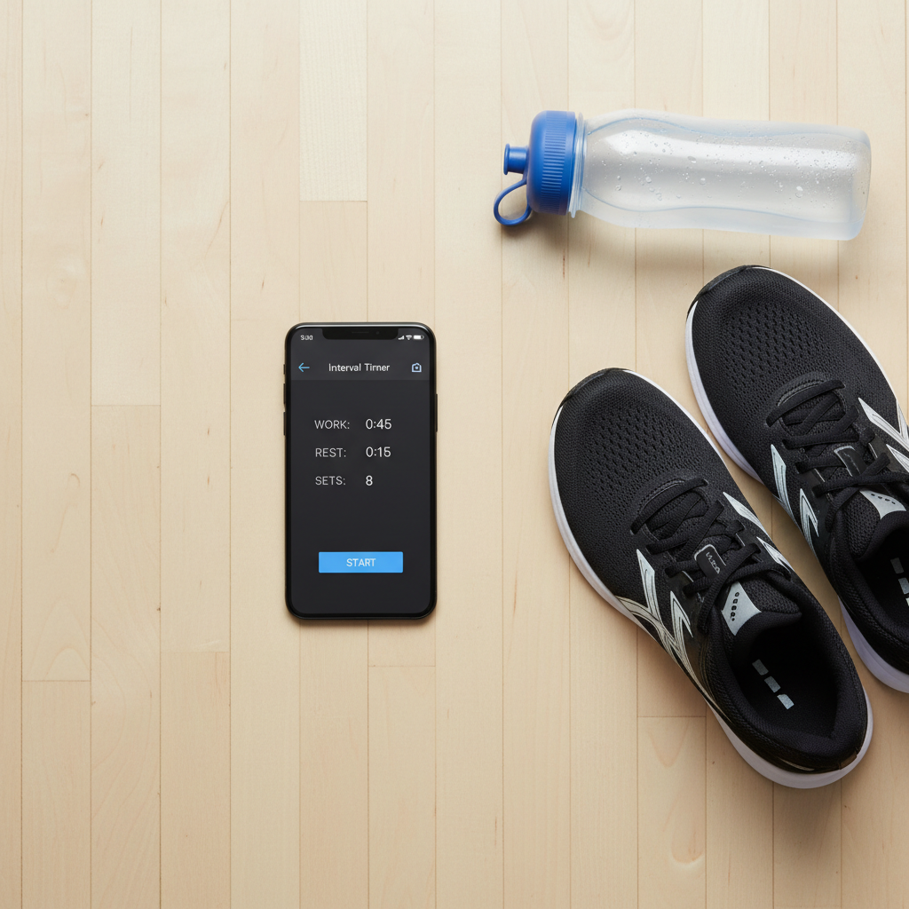 Interval training workout plan on a phone timer next to running shoes